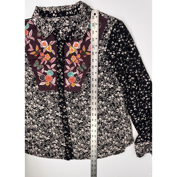 Anthropologie Blouse Medium Black Ivory Floral Embroidered Rayon Western Boho - Picture 8 of 13